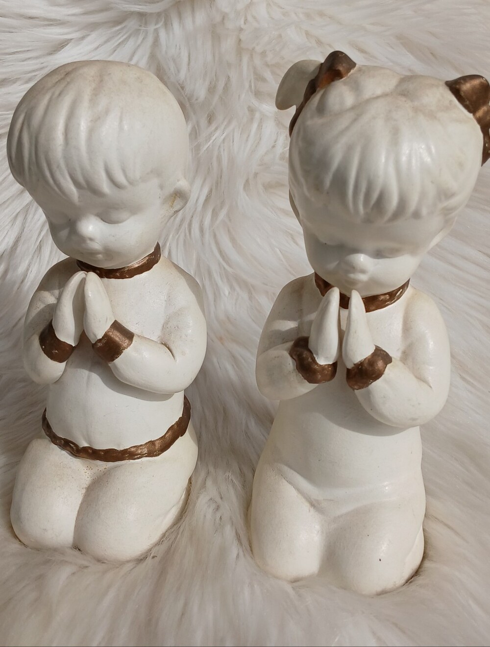 Vintage Ceramic Praying Boy and Girl Children White Gold Set Nursery Decor vtg